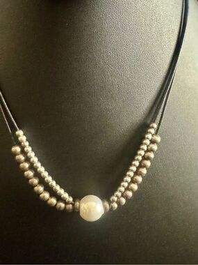 Pearl & Silver Bead Double Strand Necklace - White Pearl